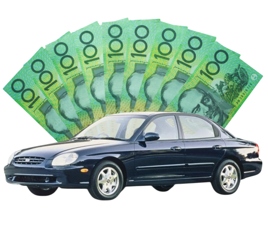 Photo of an old car with a lot of cash behind it